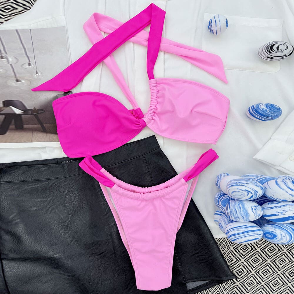 Contrast Asymmetric Scrunch Back Bikini Swimsuit - On sale