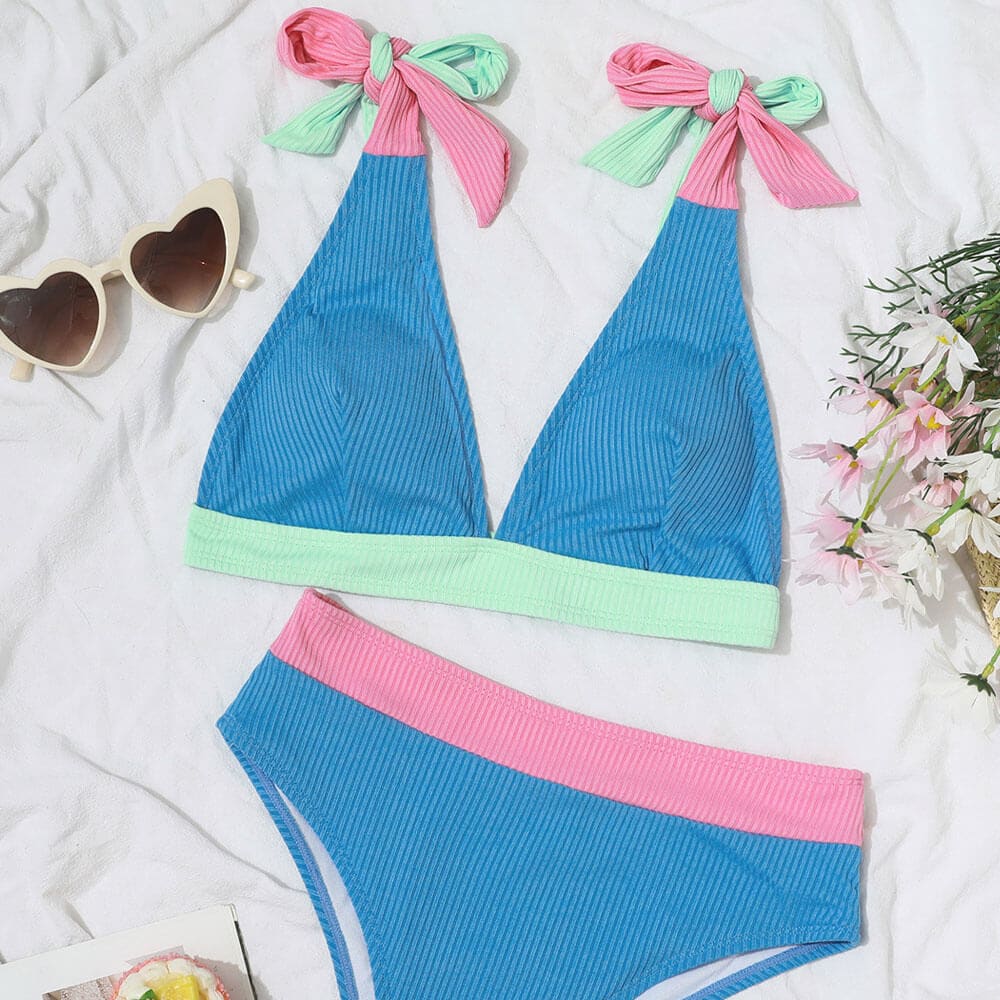 Contrast Block V Neck Tie Strap Bikini Swimsuit - On sale