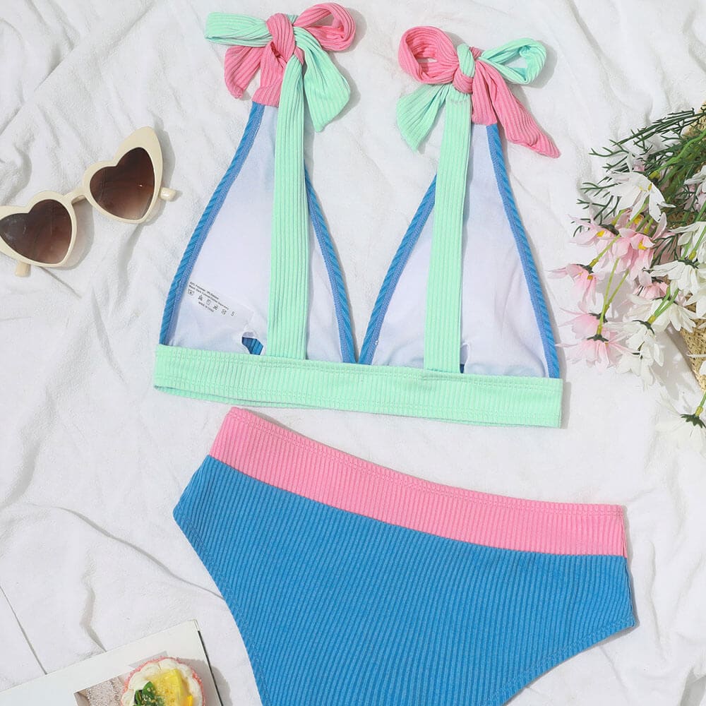 Contrast Block V Neck Tie Strap Bikini Swimsuit - On sale