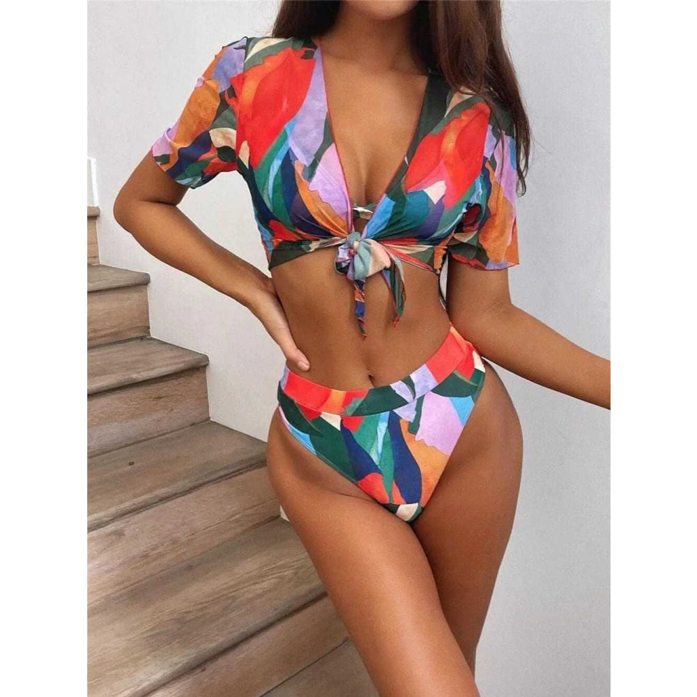 Contrast Color High Leg Triangle Three Piece Bikini Swimsuit - On sale