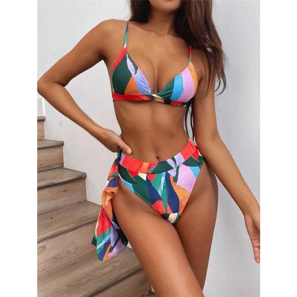 Contrast Color High Leg Triangle Three Piece Bikini Swimsuit - On sale