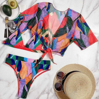 Contrast Color High Leg Triangle Three Piece Bikini Swimsuit - On sale