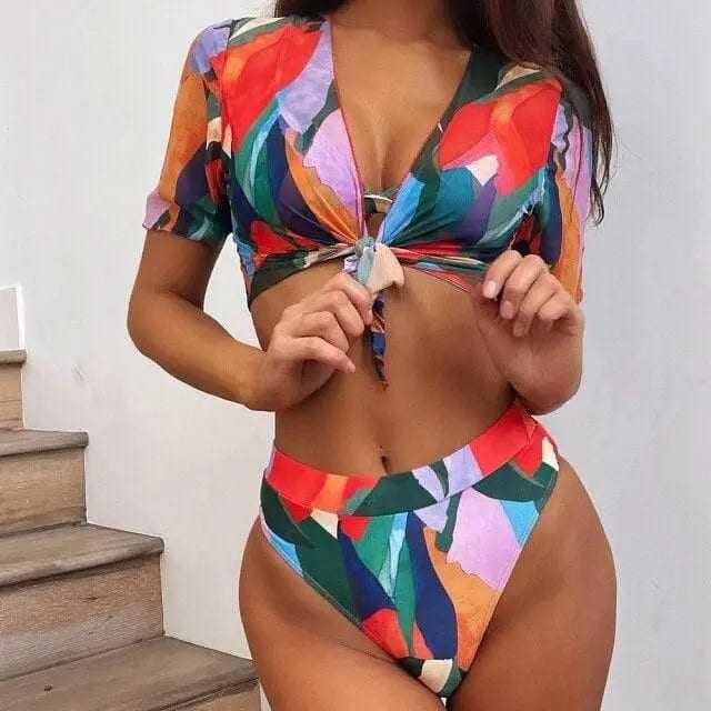 Contrast Color High Leg Triangle Three Piece Bikini Swimsuit - Plaid / S On sale