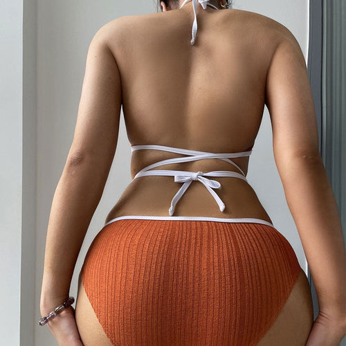 Contrast Color Ribbed Strappy Halter Bikini Swimsuit - On sale