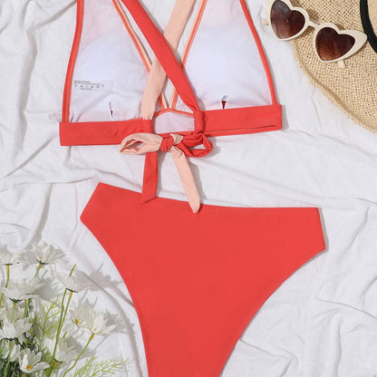 Contrast Color V Neck Tie Back Bikini Swimsuit - On sale