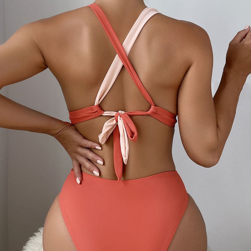 Contrast Color V Neck Tie Back Bikini Swimsuit - On sale
