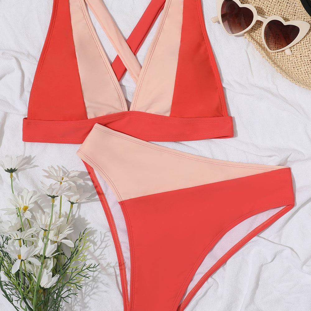Contrast Color V Neck Tie Back Bikini Swimsuit - On sale