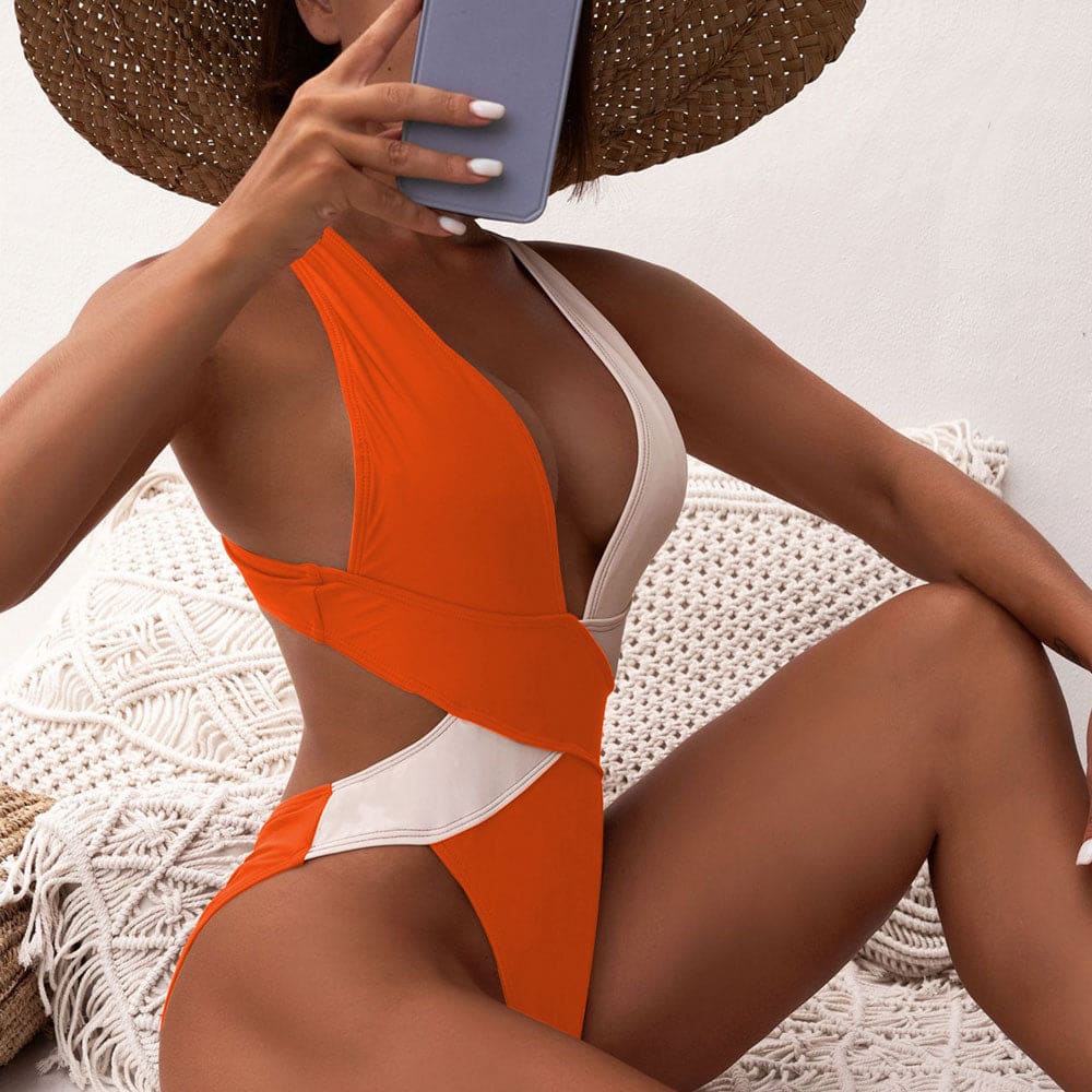 Contrast Deep V Scrunch Back One Piece Swimsuit - Burnt Orange / S On sale