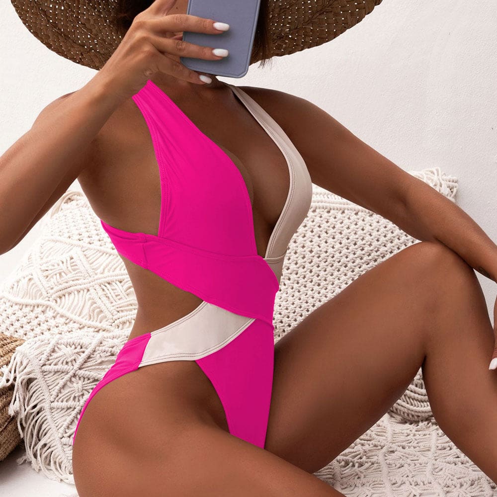 Contrast Deep V Scrunch Back One Piece Swimsuit - Hot Pink / S On sale