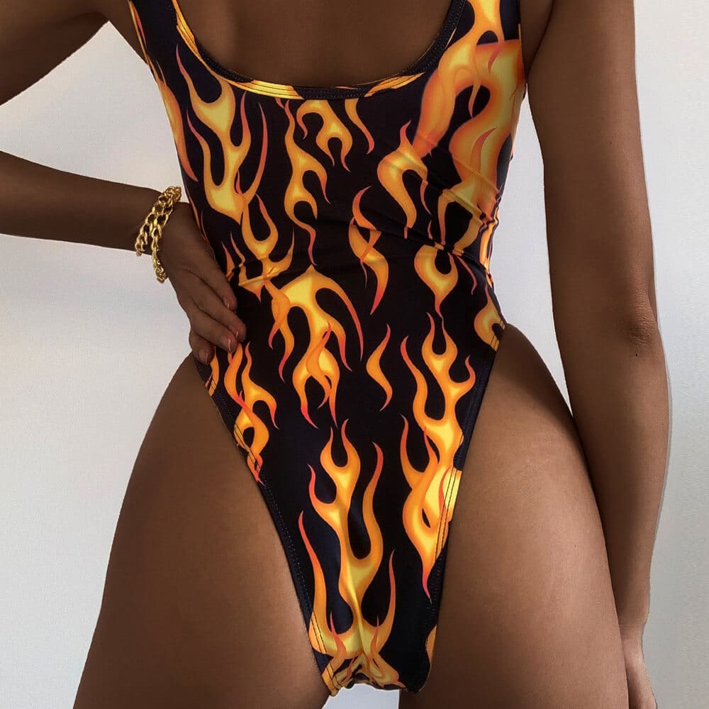 Contrast Flame Print High Cut Brazilian One Piece Swimsuit - On sale