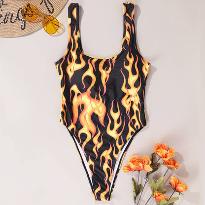 Contrast Flame Print High Cut Brazilian One Piece Swimsuit - On sale
