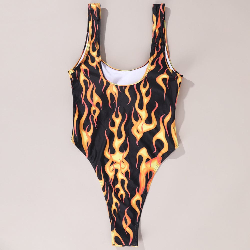 Contrast Flame Print High Cut Brazilian One Piece Swimsuit - On sale