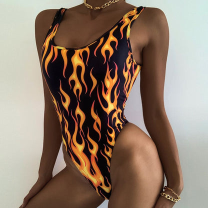 Contrast Flame Print High Cut Brazilian One Piece Swimsuit - Black / S On sale