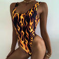 Contrast Flame Print High Cut Brazilian One Piece Swimsuit - Black / S On sale