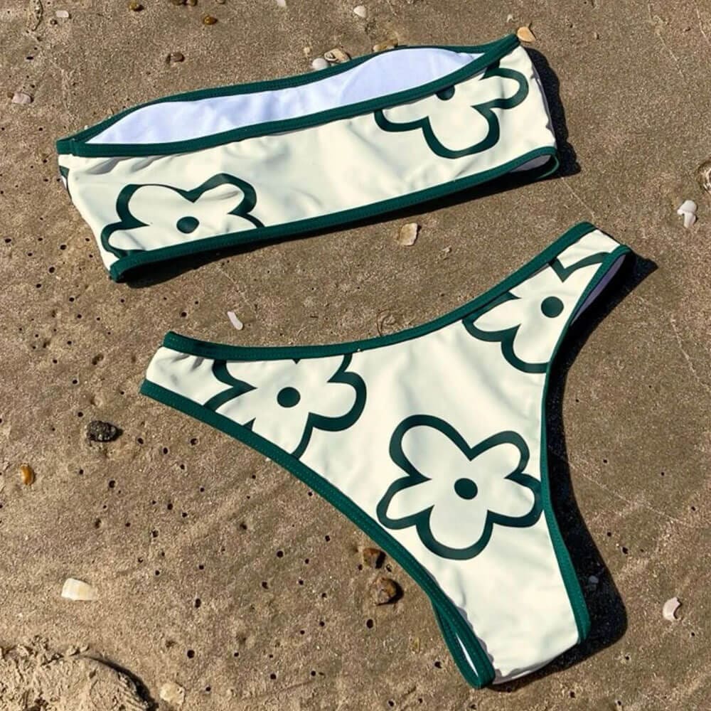 Contrast Floral Bandeau Brazilian Bikini Swimsuit - On sale