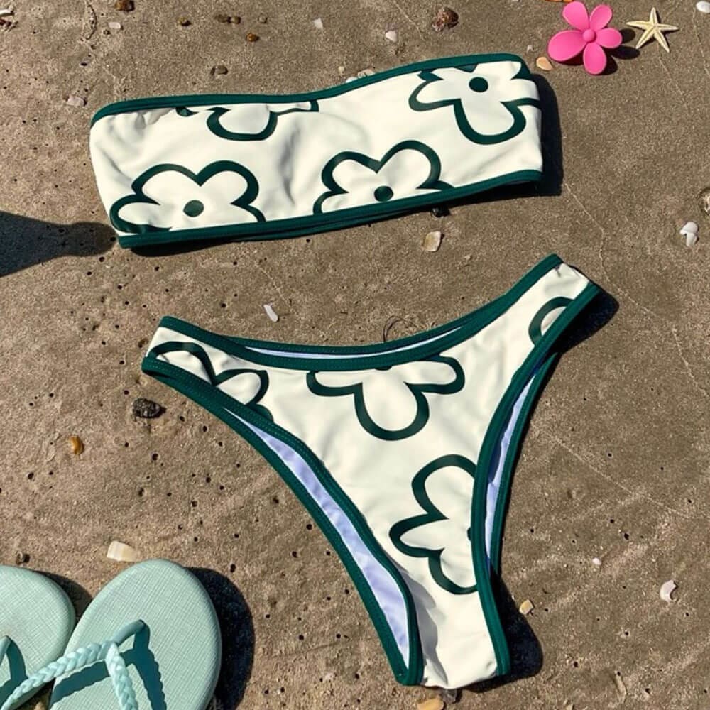 Contrast Floral Bandeau Brazilian Bikini Swimsuit - On sale