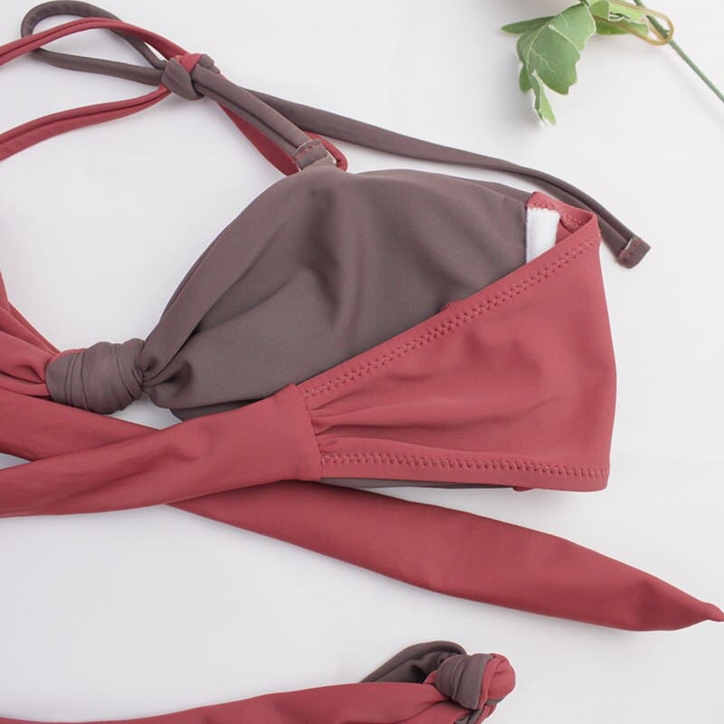 Contrast High Leg Ruched Halter Bikini Swimsuits - On sale