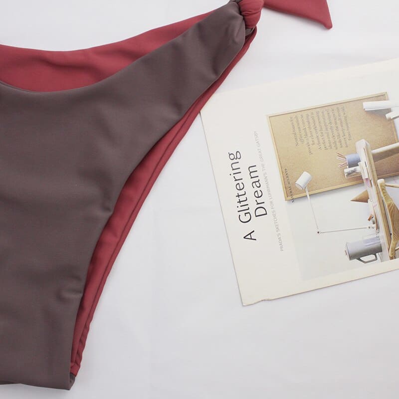 Contrast High Leg Ruched Halter Bikini Swimsuits - On sale