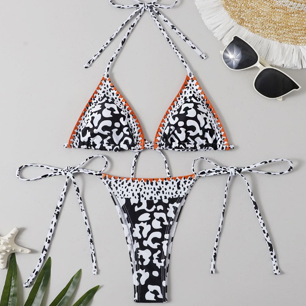 Contrast Leopard String Triangle Bikini Swimsuit - On sale