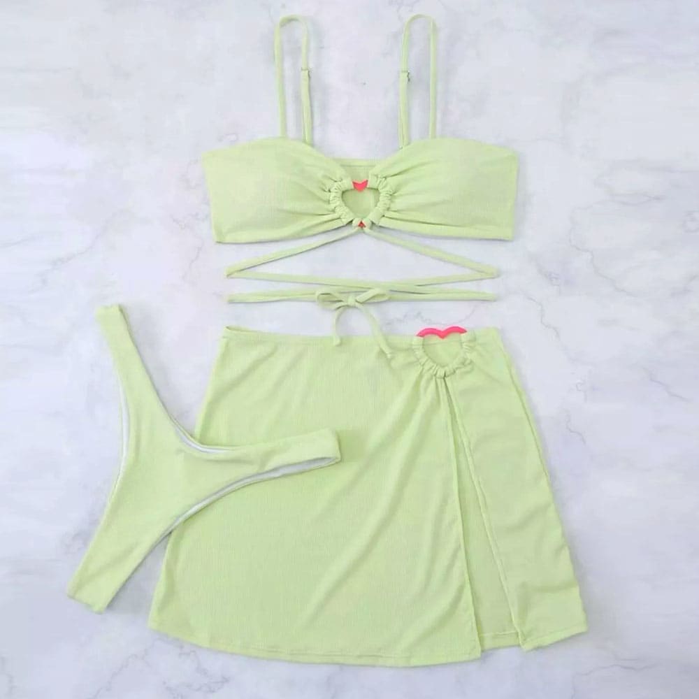 Contrast Ribbed Heart Trim Sarong Three Piece Swimsuit - On sale