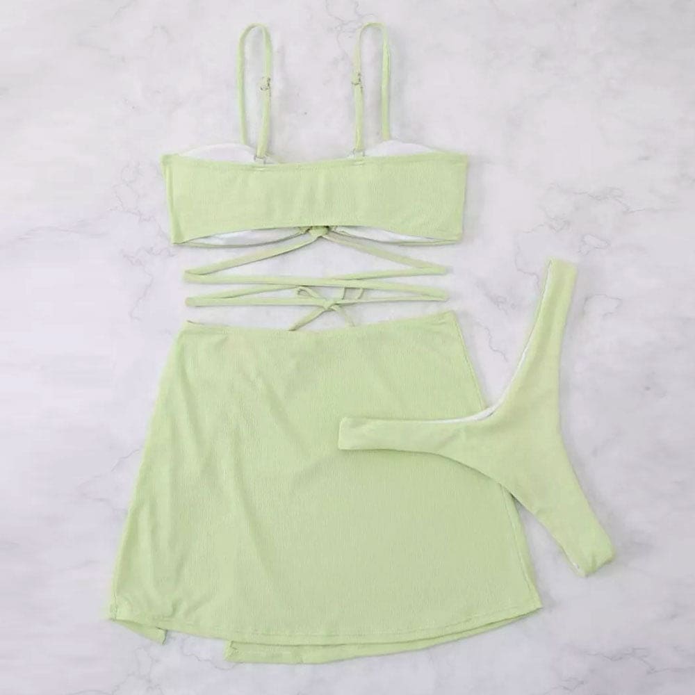 Contrast Ribbed Heart Trim Sarong Three Piece Swimsuit - On sale