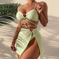 Contrast Ribbed Heart Trim Sarong Three Piece Swimsuit - Sage Green / S On sale