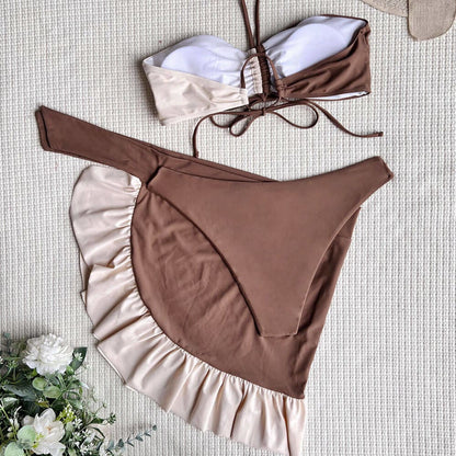 Contrast Sarong Drawstring Halter Three Piece Swimsuit - On sale