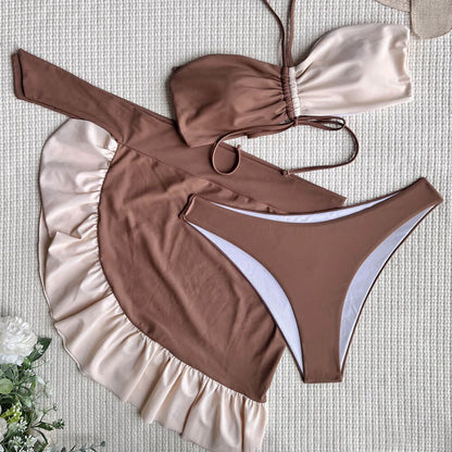 Contrast Sarong Drawstring Halter Three Piece Swimsuit - On sale