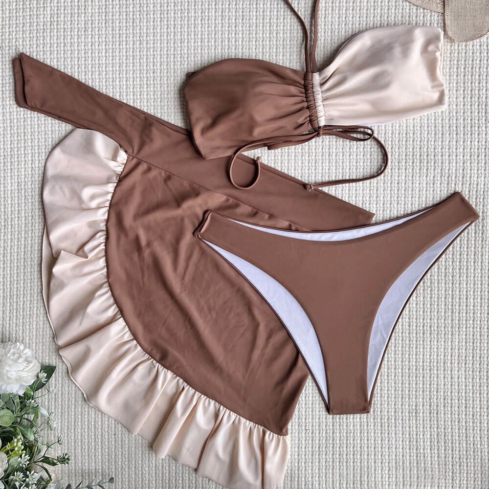 Contrast Sarong Drawstring Halter Three Piece Swimsuit - On sale