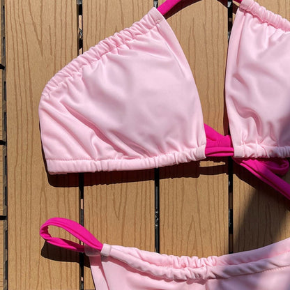 Contrast Strap Ruched Wrap Halter Brazilian Bikini Swimsuit - On sale