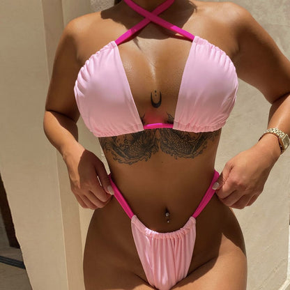 Contrast Strap Ruched Wrap Halter Brazilian Bikini Swimsuit - Pink / S On sale