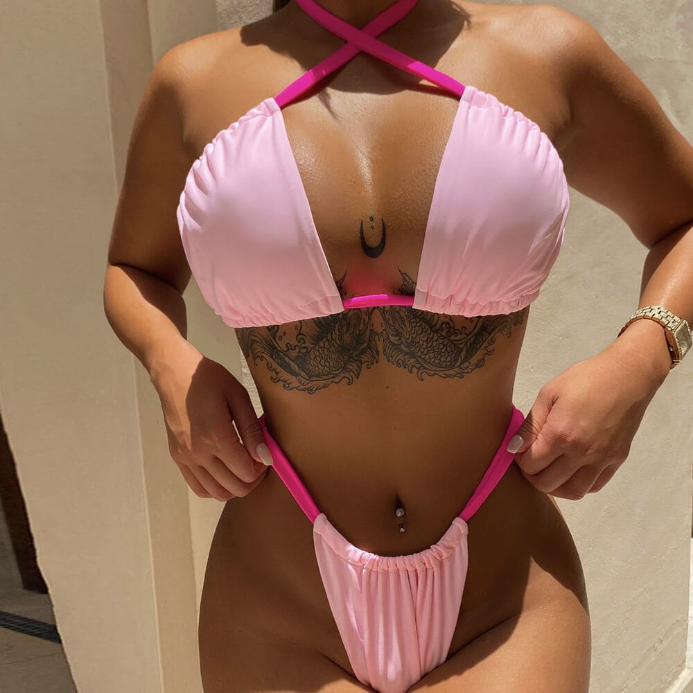 Contrast Strap Ruched Wrap Halter Brazilian Bikini Swimsuit - Pink / S On sale