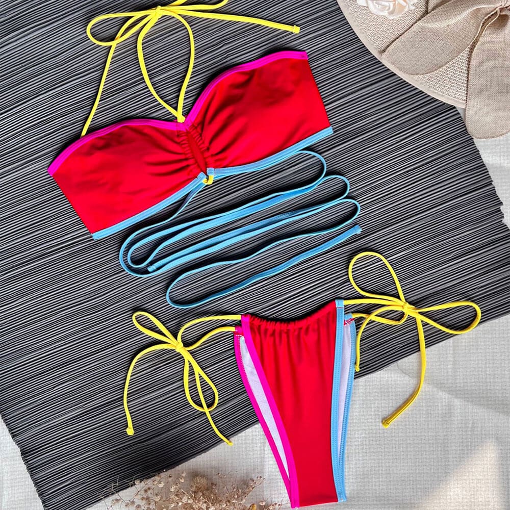 Contrast Strappy Tie String Brazilian Bikini Swimsuit - On sale