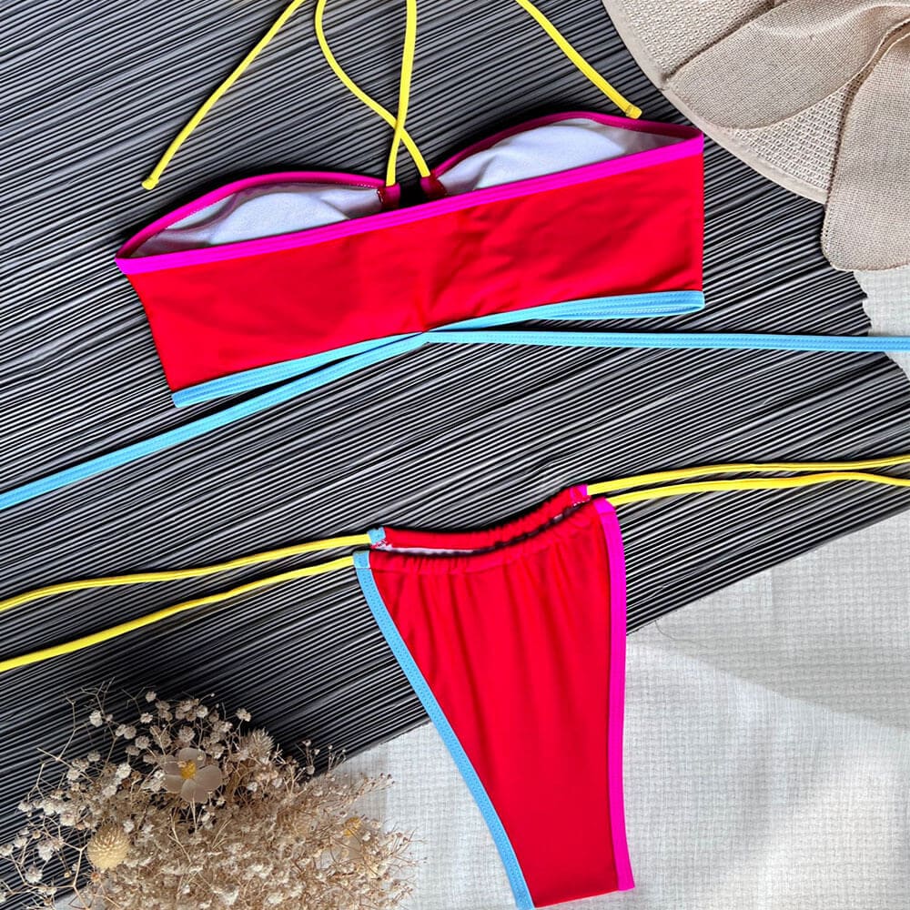 Contrast Strappy Tie String Brazilian Bikini Swimsuit - On sale