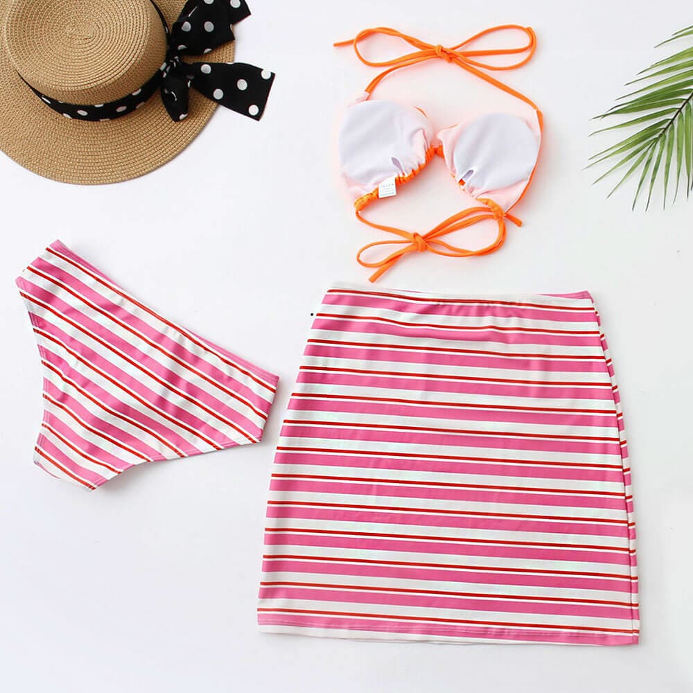 Contrast Stripe Print Triangle Three Piece Swimsuit - On sale