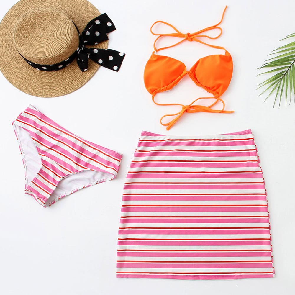 Contrast Stripe Print Triangle Three Piece Swimsuit - On sale