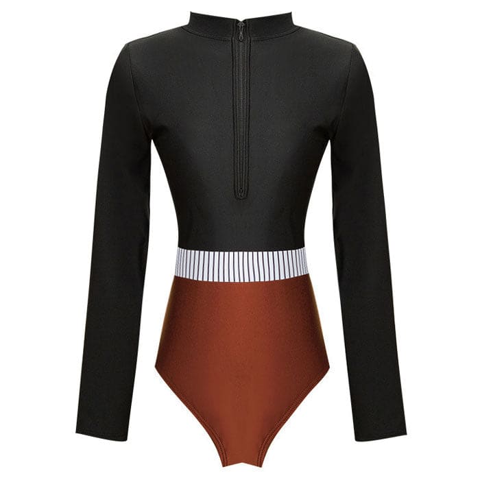 Contrast Striped Long Sleeve Zip Front Rash Guard - On sale