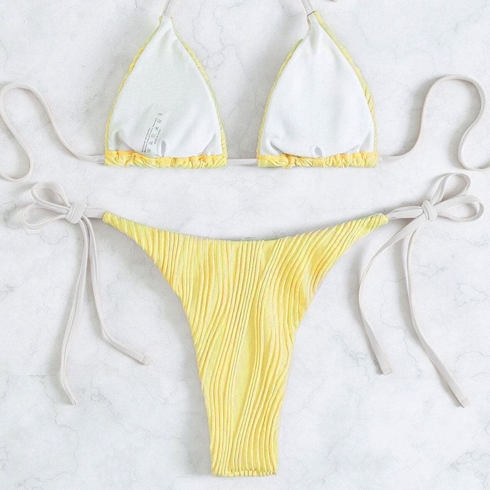 Contrast Textured Tie String Triangle Bikini Swimsuit - Sunnybikinis
