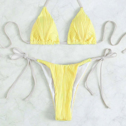 Contrast Textured Tie String Triangle Bikini Swimsuit - On sale
