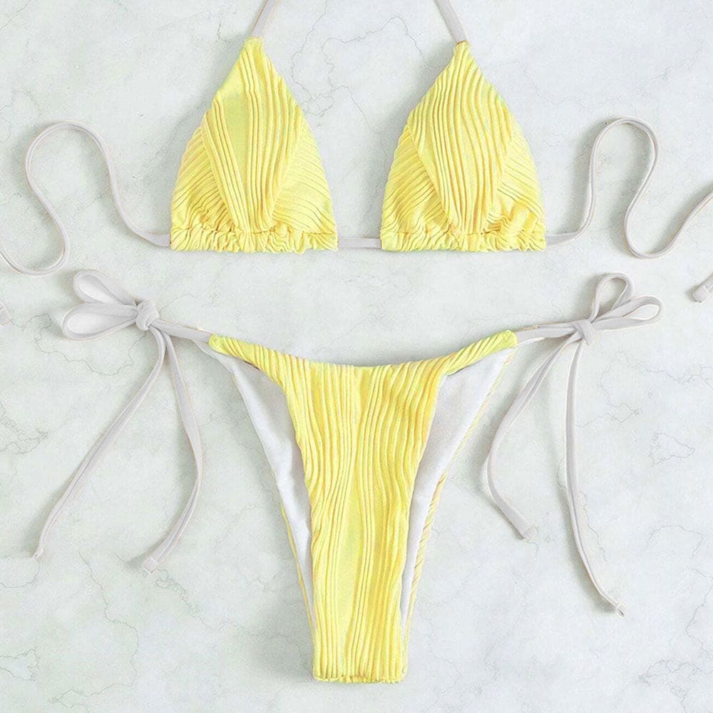 Contrast Textured Tie String Triangle Bikini Swimsuit - On sale