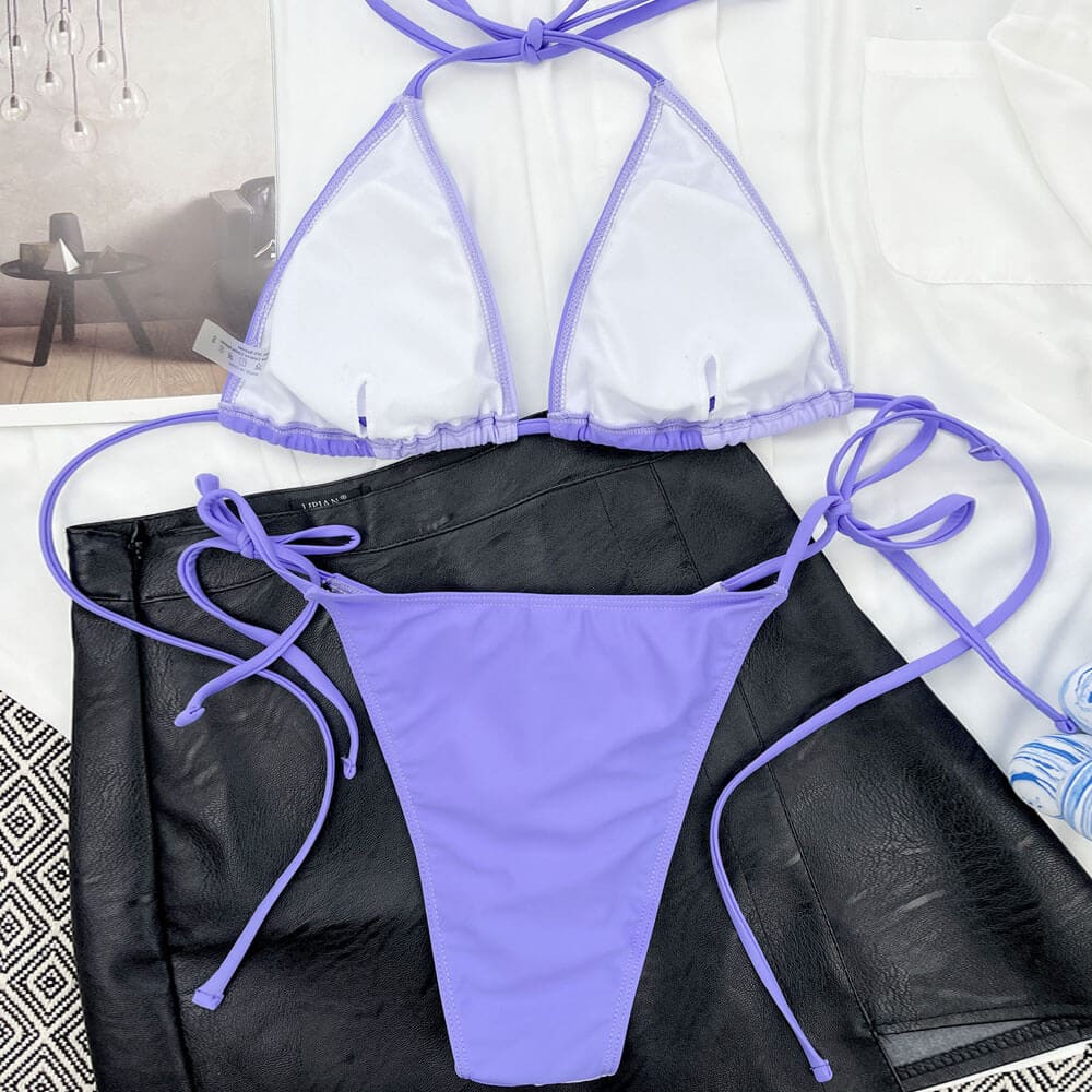 Contrast Tie String Triangle Brazilian Bikini Swimsuit - On sale