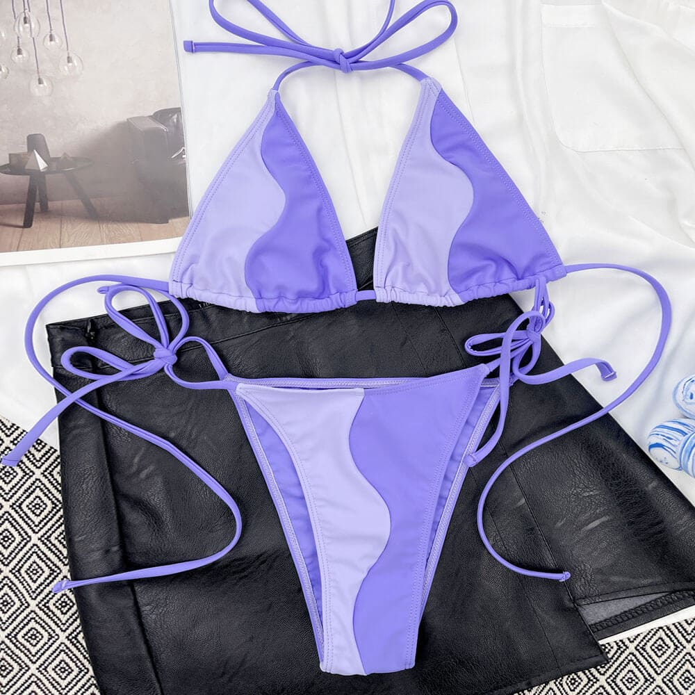 Contrast Tie String Triangle Brazilian Bikini Swimsuit - On sale