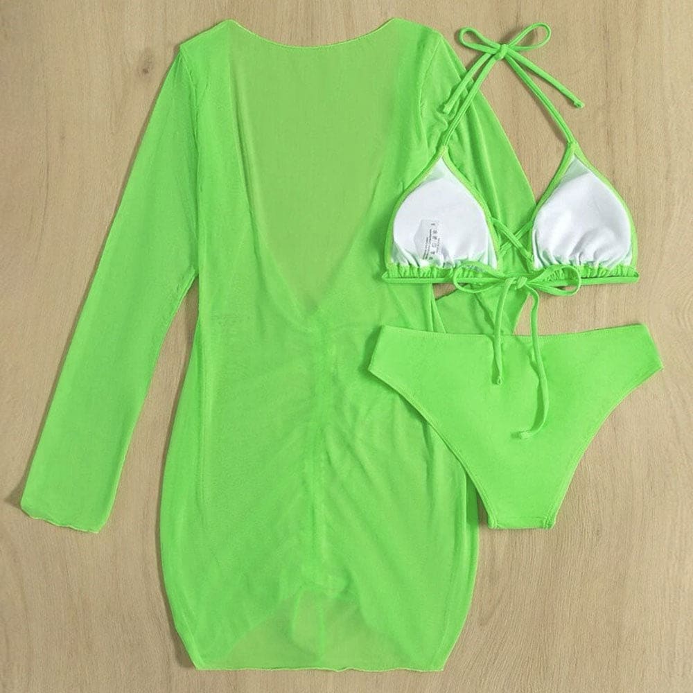 Cover Up Crossed Trim Three Piece Bikini Swimsuit - On sale