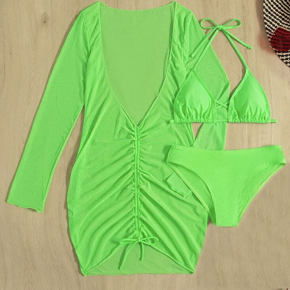 Cover Up Crossed Trim Three Piece Bikini Swimsuit - On sale