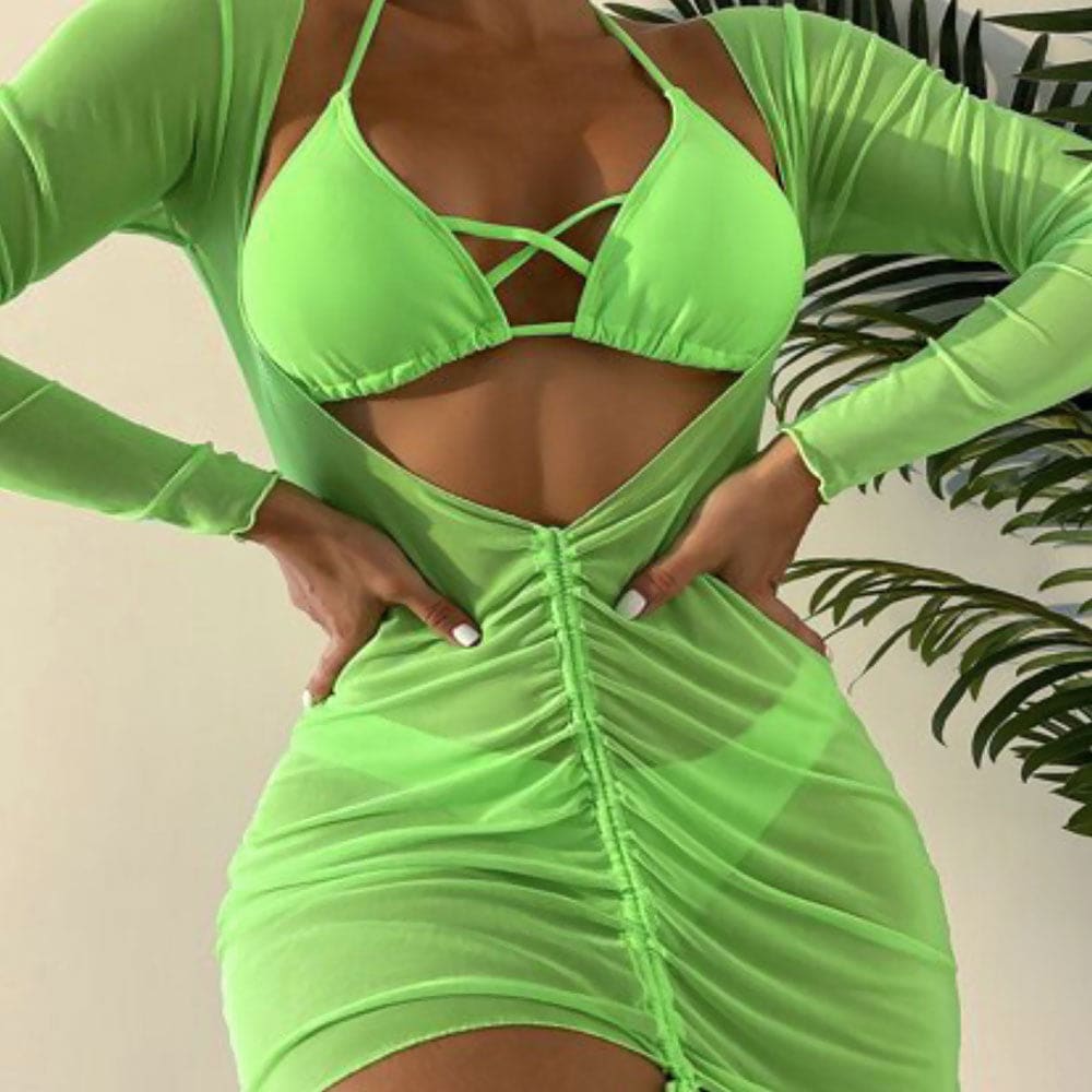 Cover Up Crossed Trim Three Piece Bikini Swimsuit - Neon Green / S On sale