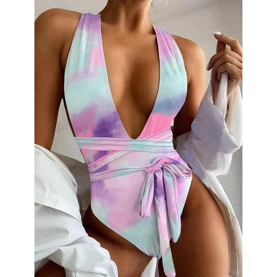 Cross Low Back Deep V Neck One Piece Swimsuit - On sale