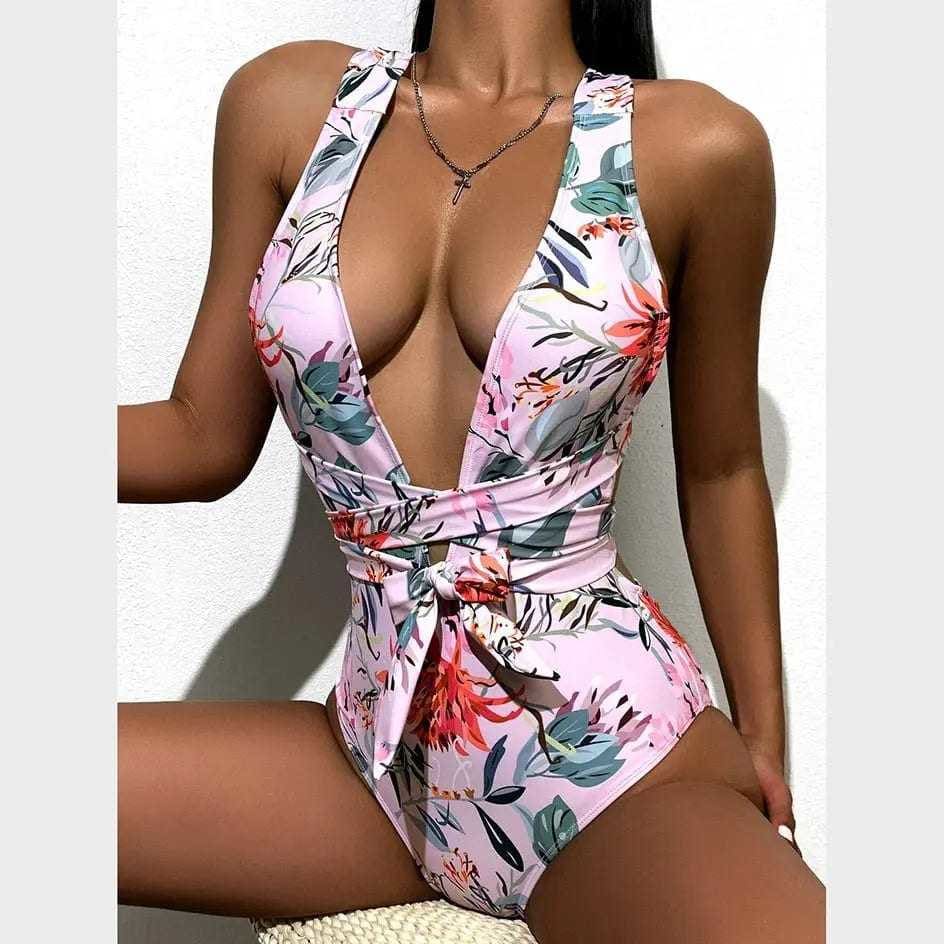 Cross Low Back Deep V Neck One Piece Swimsuit - On sale