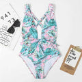 Cross Low Back Deep V Neck One Piece Swimsuit - Green Pink / S On sale