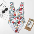 Cross Low Back Deep V Neck One Piece Swimsuit - Red Green / S On sale