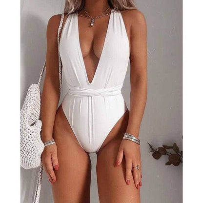 Cross Low Back Deep V Neck One Piece Swimsuit - white / S On sale